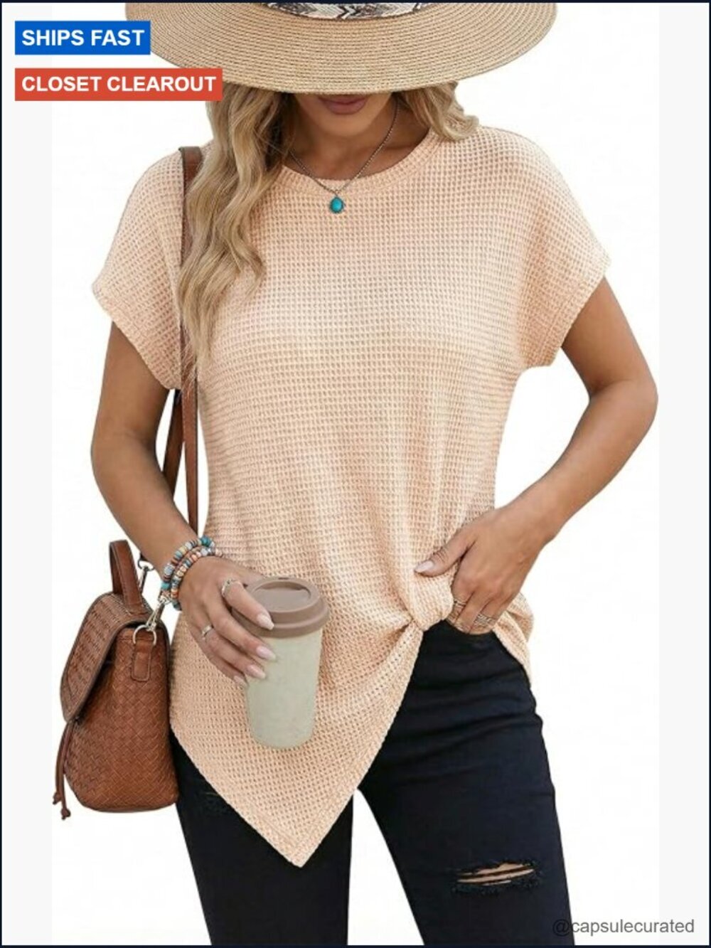Waffle Knit Cap Sleeve Tunic Blouse Crewneck Loose Twist Knot Top